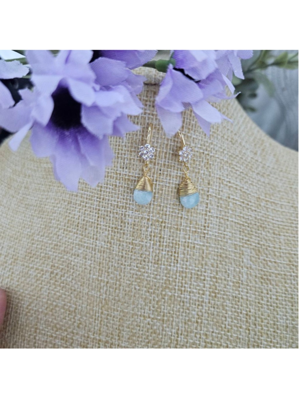18K Gold Plated Micro Pave Clear Flower CZ Amazonite Dainty Earrings